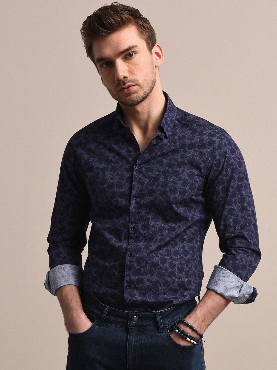 Lacivert Baskılı Slim Fit Uzun Dokuma Casual %100 Pamuk Gömlek - 1