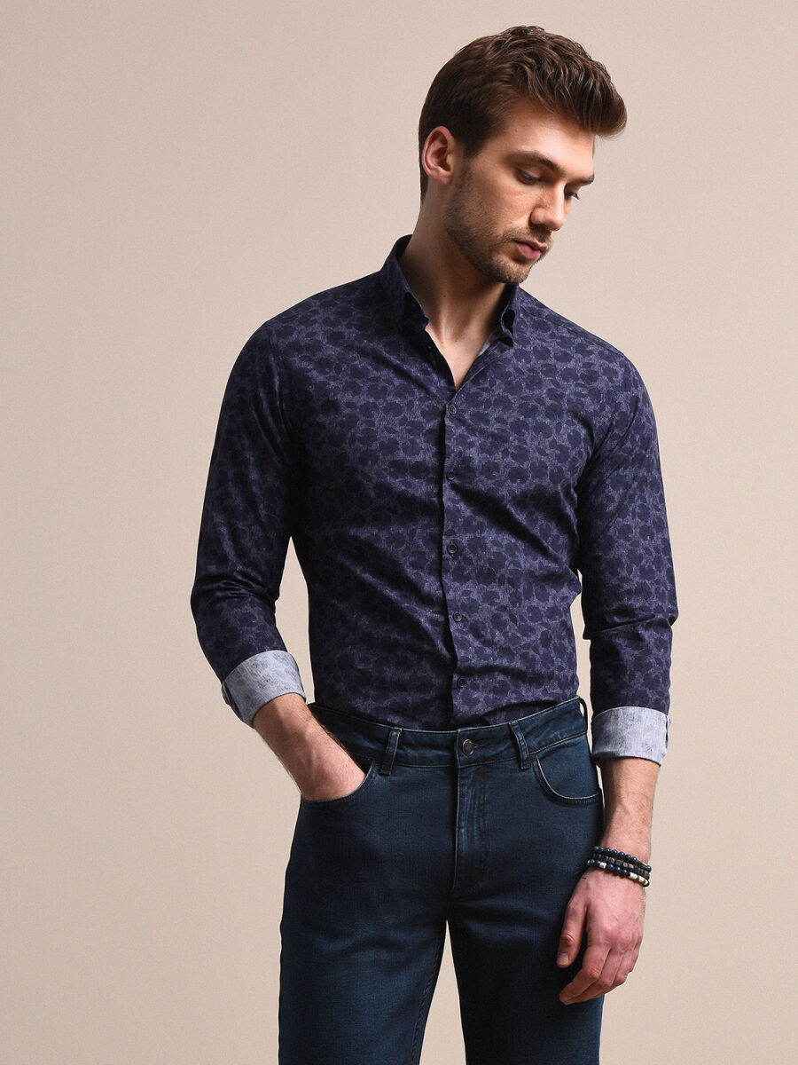 Lacivert Baskılı Slim Fit Uzun Dokuma Casual %100 Pamuk Gömlek - 2