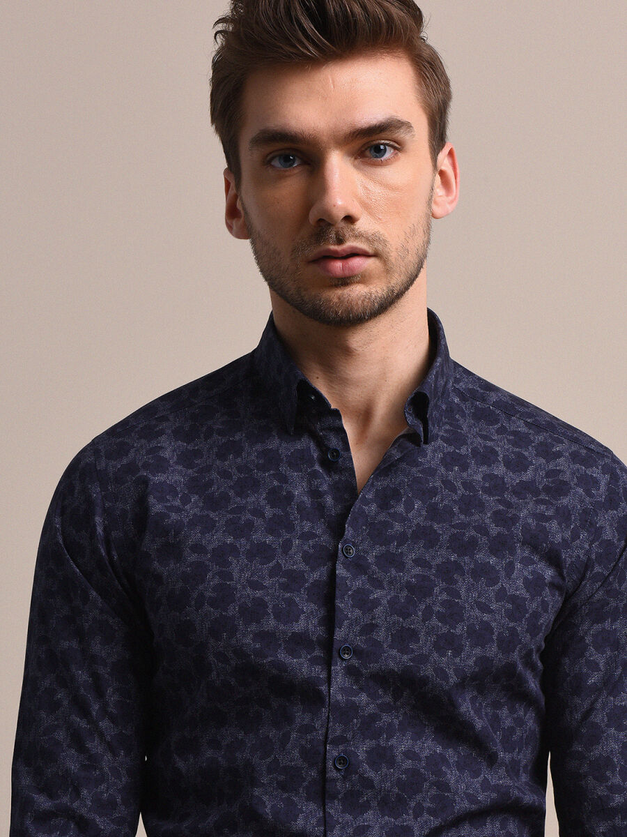 Lacivert Baskılı Slim Fit Uzun Dokuma Casual %100 Pamuk Gömlek - 3