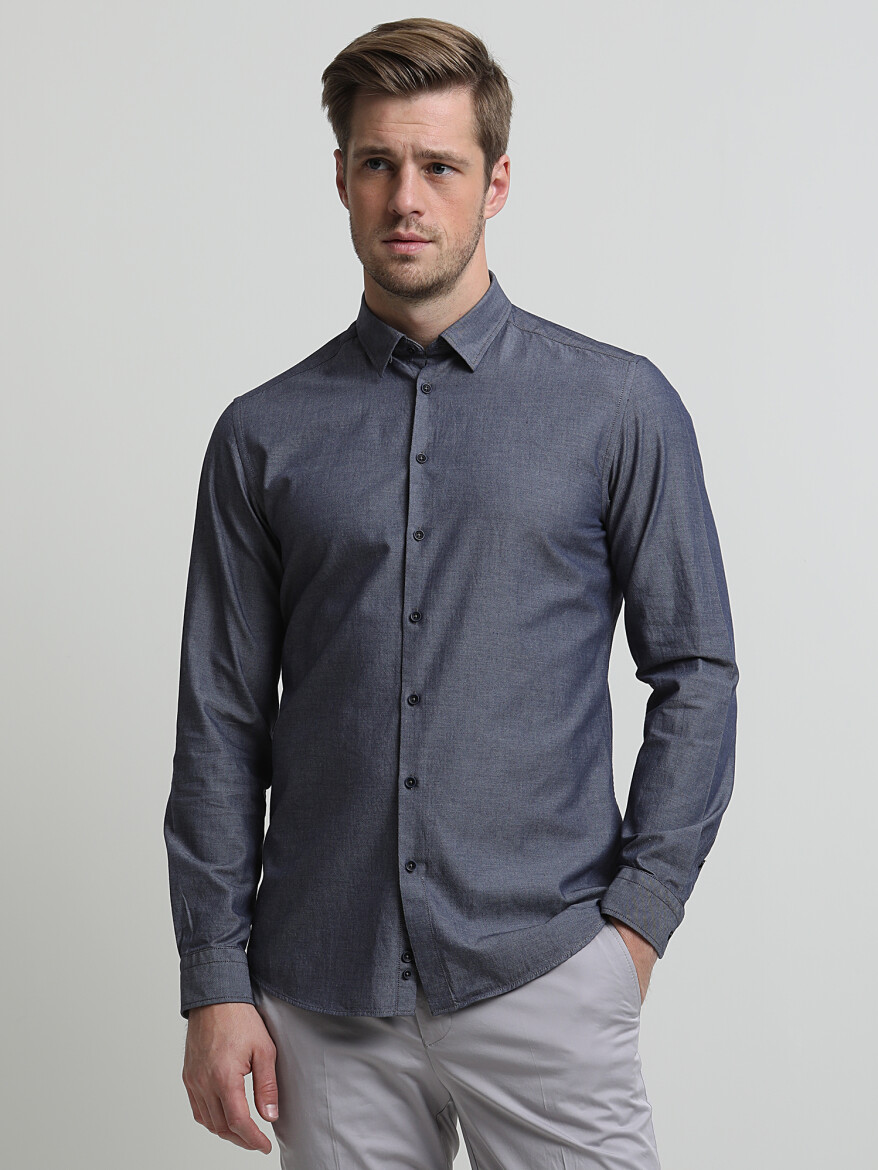 Lacivert Baskılı Slim Fit Uzun Dokuma Casual %100 Pamuk Gömlek - 1