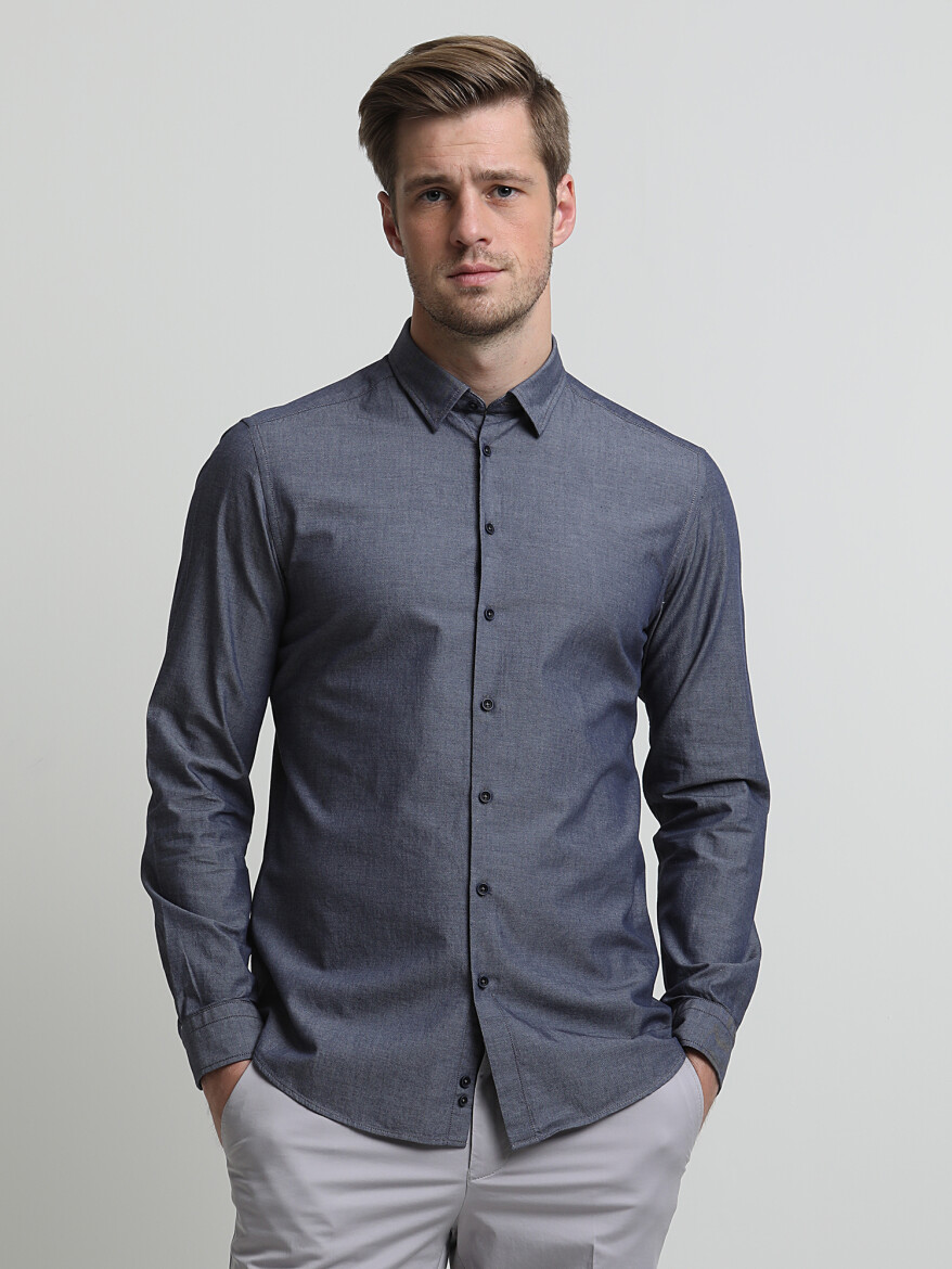 Lacivert Baskılı Slim Fit Uzun Dokuma Casual %100 Pamuk Gömlek - 3