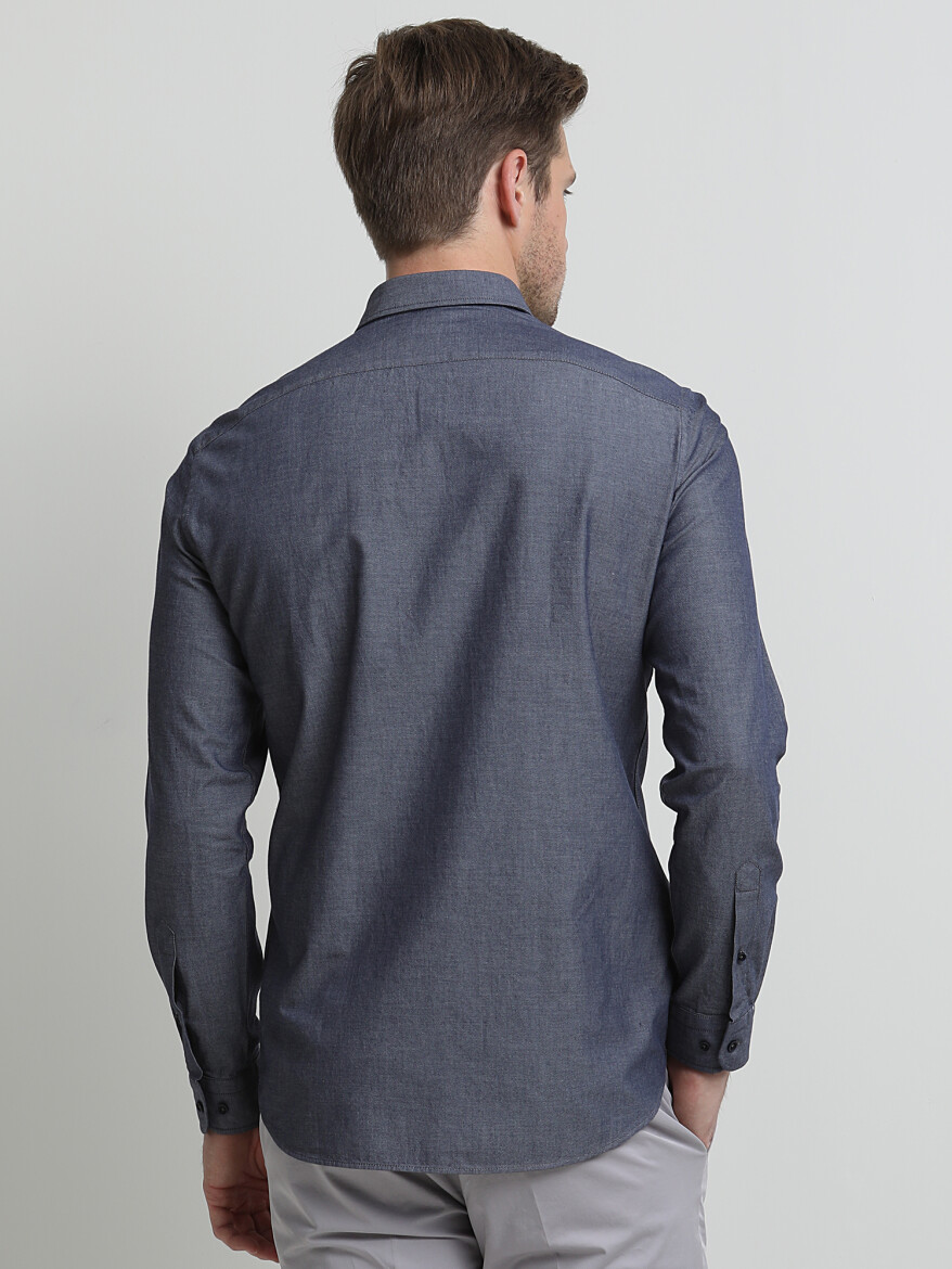 Lacivert Baskılı Slim Fit Uzun Dokuma Casual %100 Pamuk Gömlek - 4