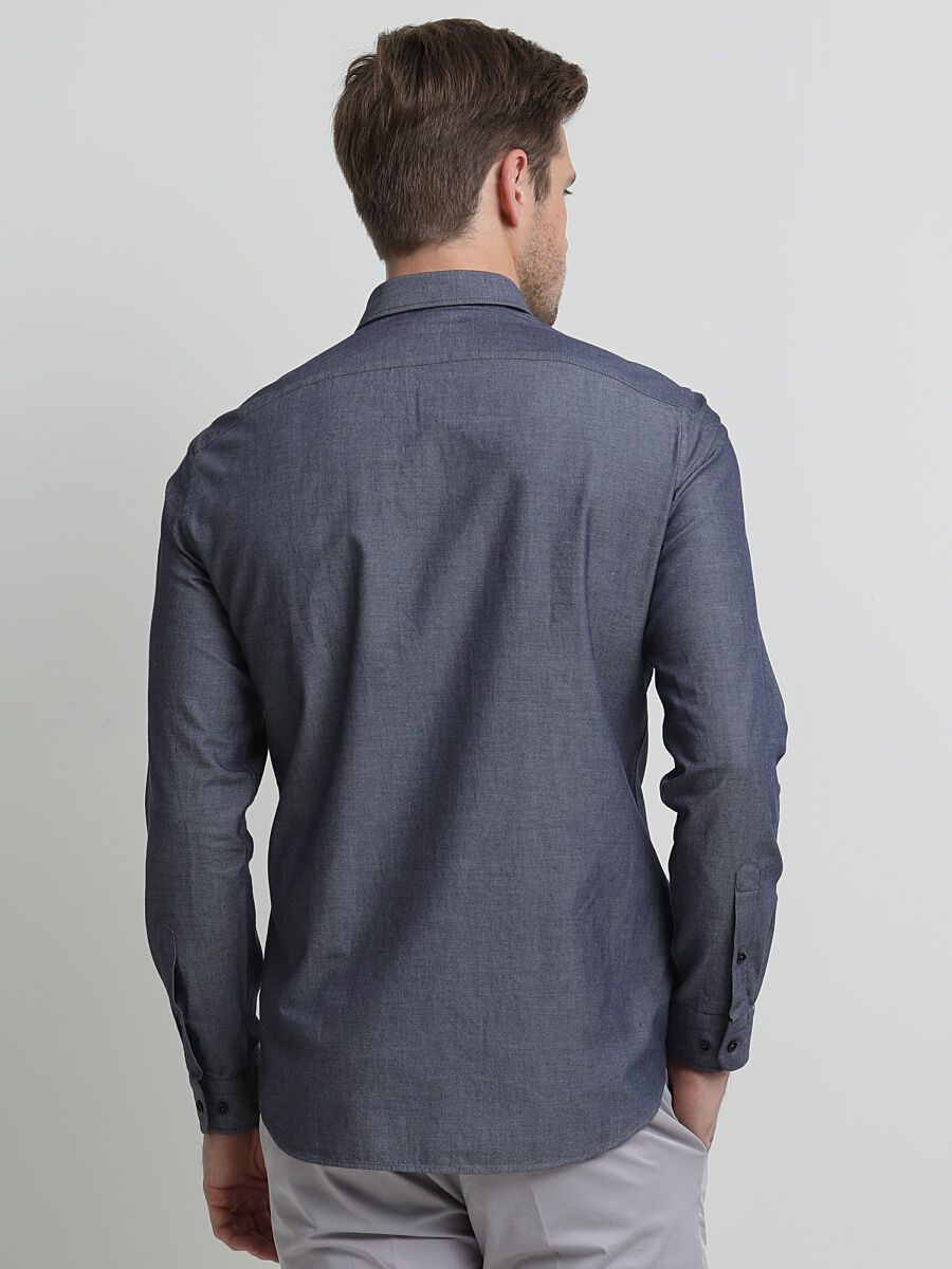 Lacivert Baskılı Slim Fit Uzun Dokuma Casual %100 Pamuk Gömlek - 4