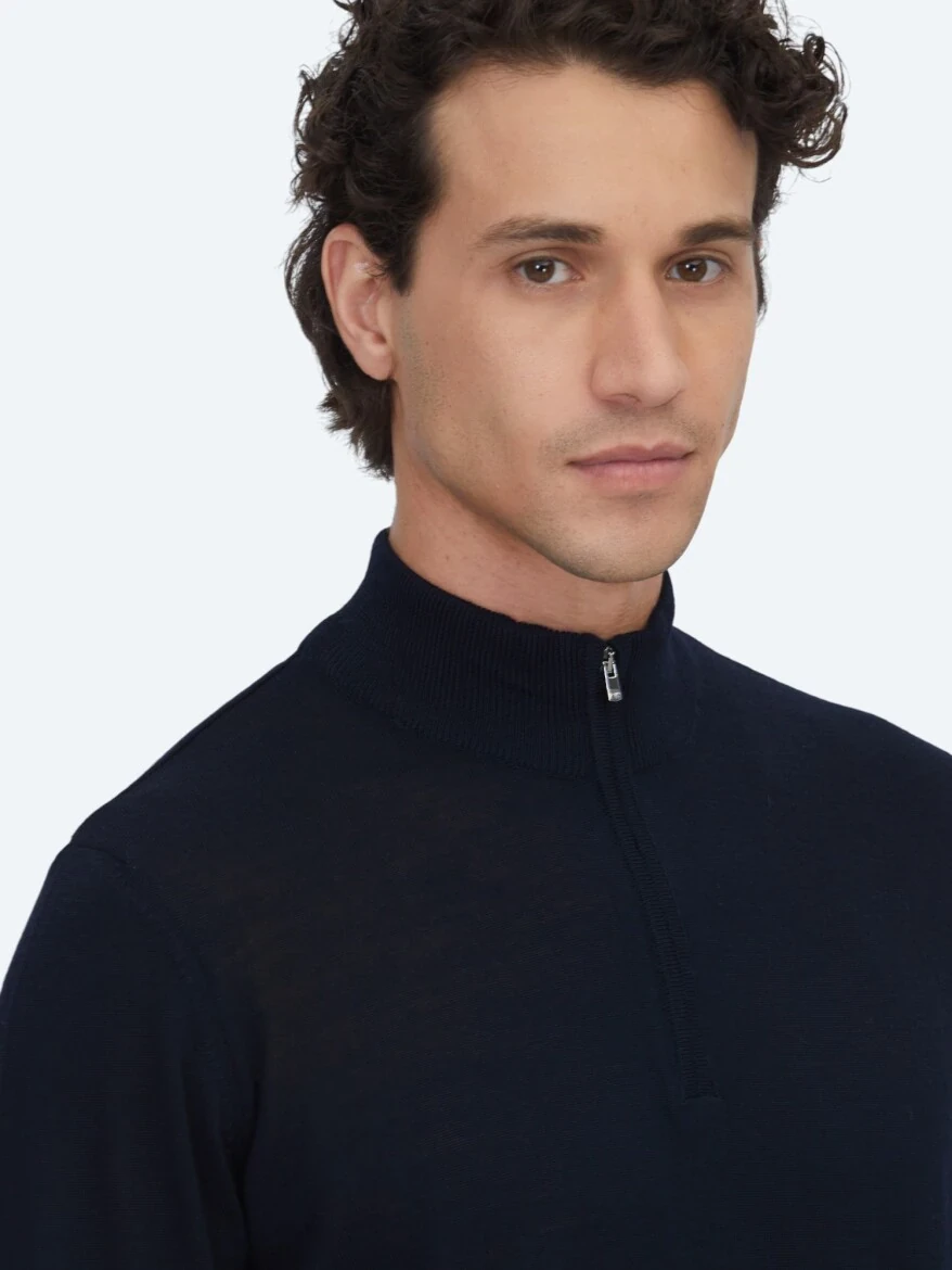 Lacivert Bato Yaka Jakarlı Yün Karışımlı Triko Kazak - KİP