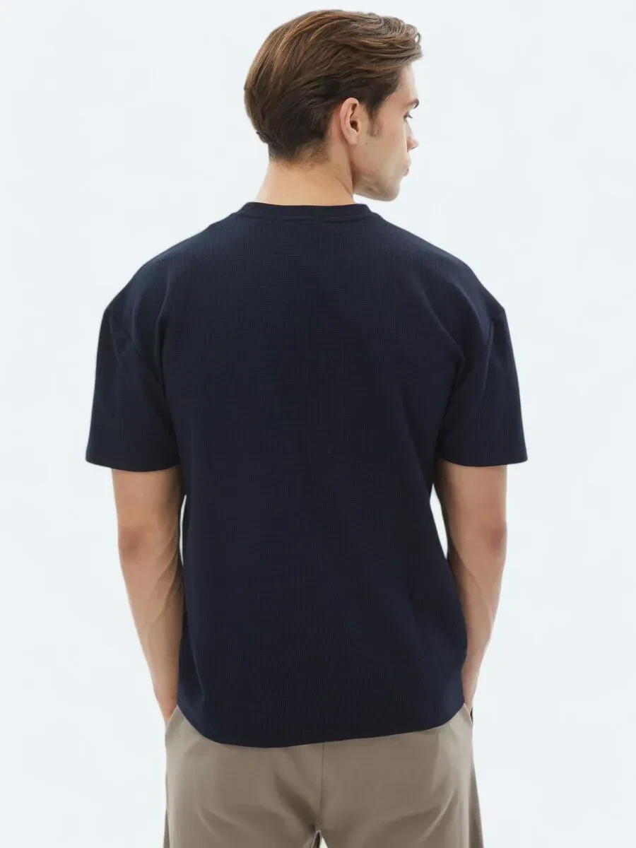Lacivert Bisiklet Yaka %100 Pamuk T-Shirt - 5