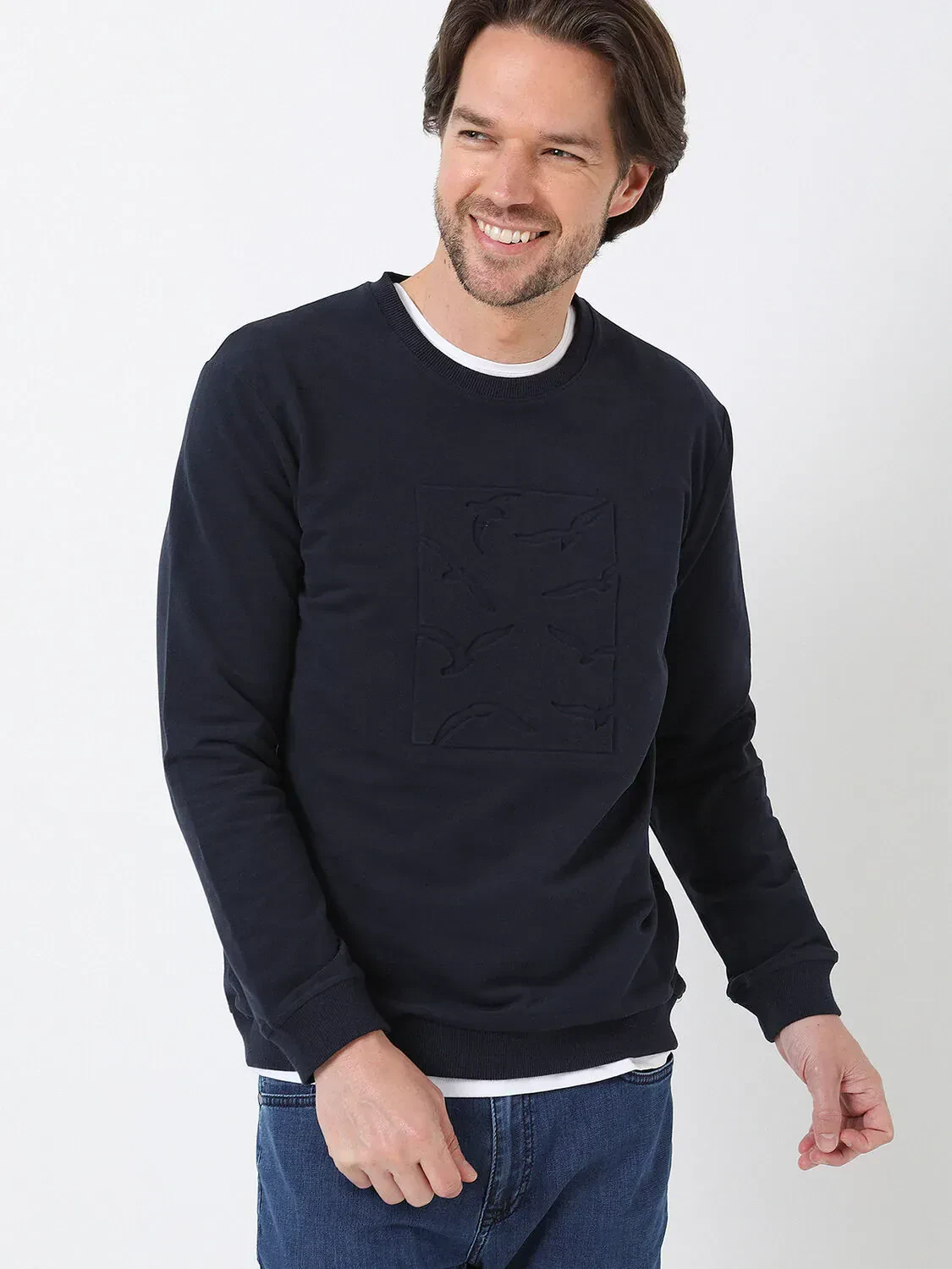 Lacivert Bisiklet Yaka Baskılı Sweatshırt - 4
