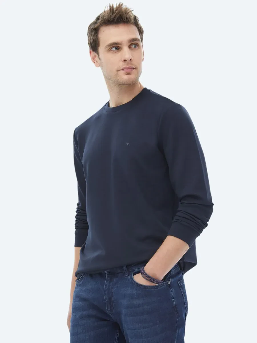 Lacivert Bisiklet Yaka Baskılı Sweatshırt - 4
