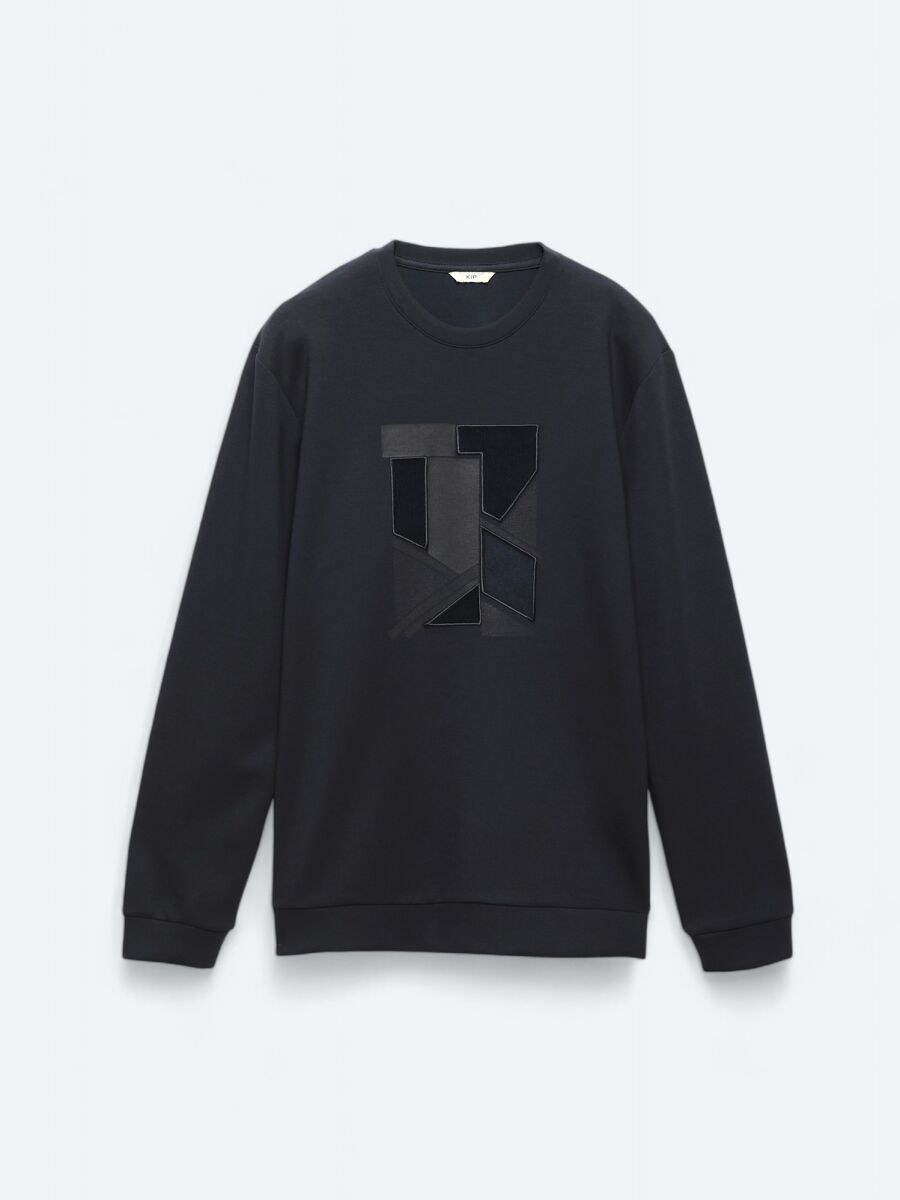 Lacivert Bisiklet Yaka Baskılı Sweatshırt - 6