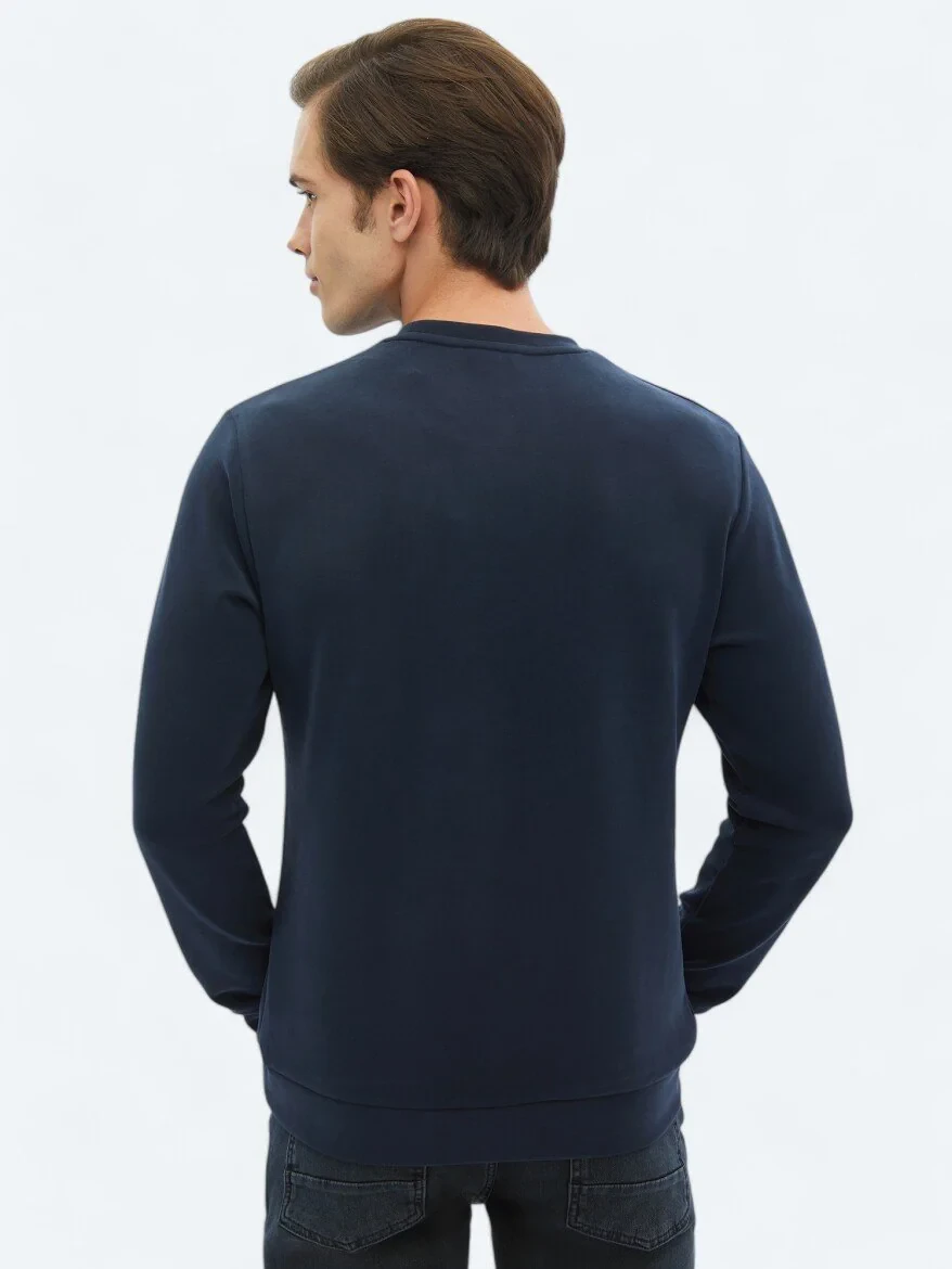 Lacivert Bisiklet Yaka Baskılı Sweatshırt - 5