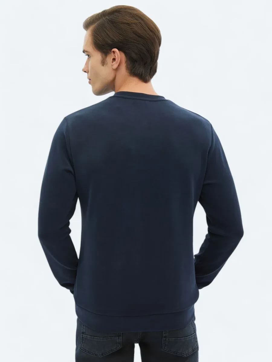 Lacivert Bisiklet Yaka Baskılı Sweatshırt - 5