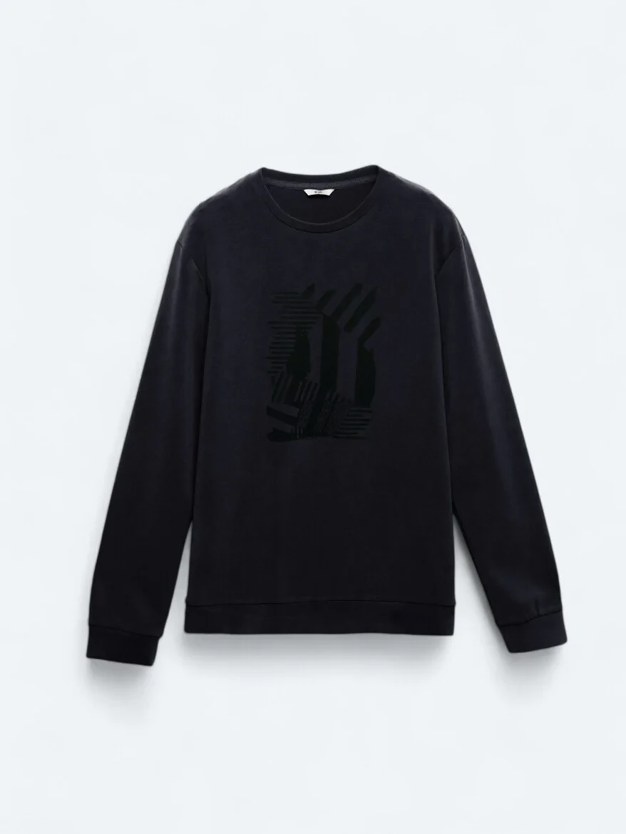 Lacivert Bisiklet Yaka Baskılı Sweatshırt - 6