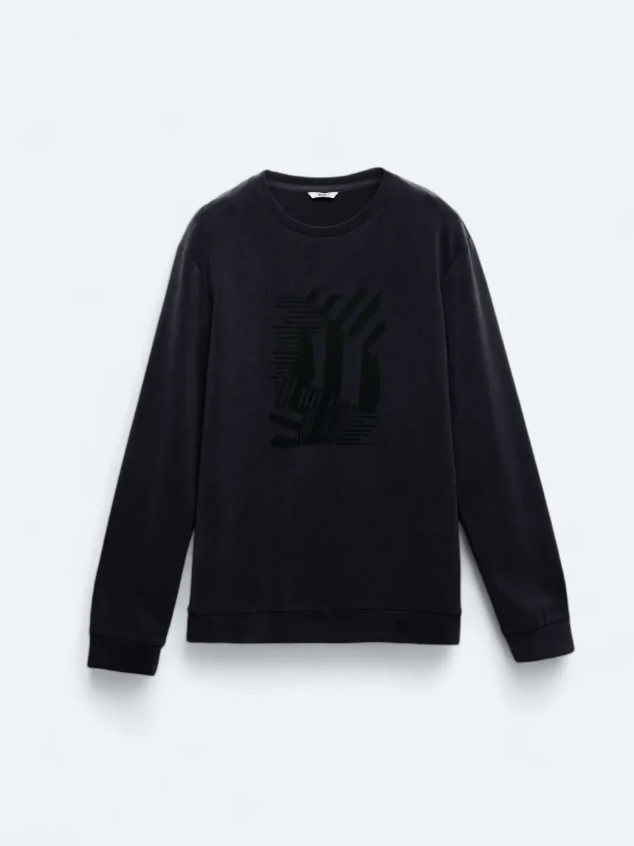 Lacivert Bisiklet Yaka Baskılı Sweatshırt - 6