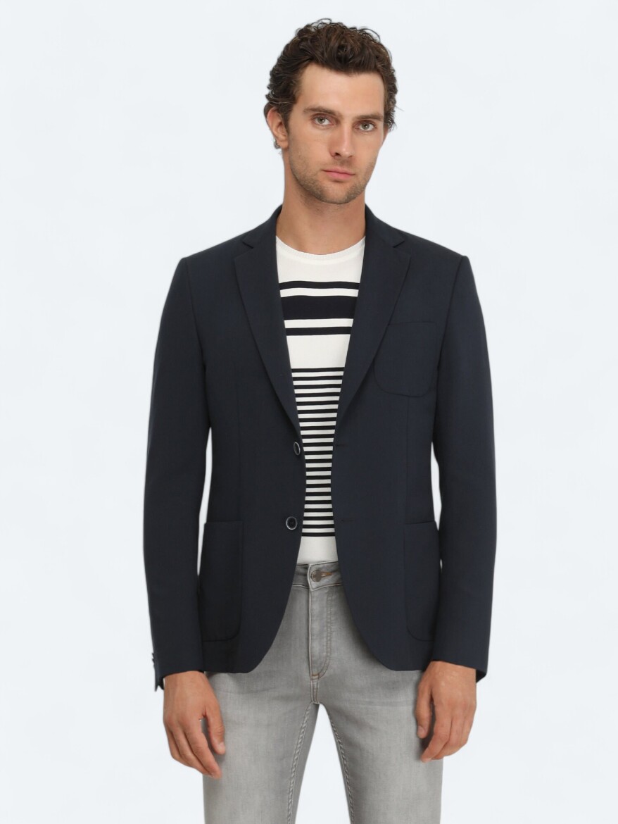 Lacivert Bisiklet Yaka Çizgili Triko - 3