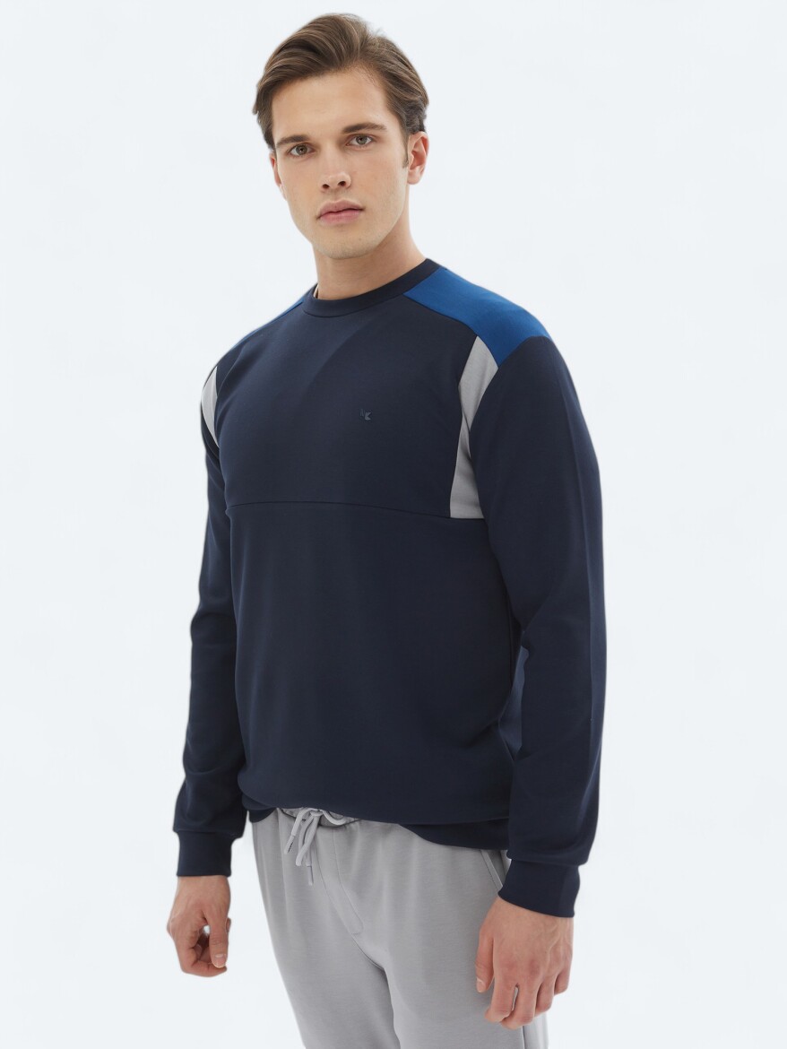 Lacivert Bisiklet Yaka Düz Sweatshırt - 4