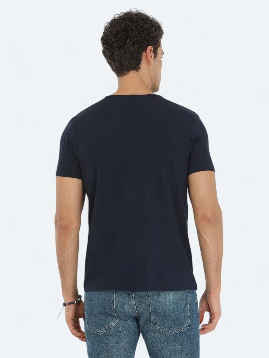 Lacivert Bisiklet Yaka Pamuk Karışımlı T-Shirt 