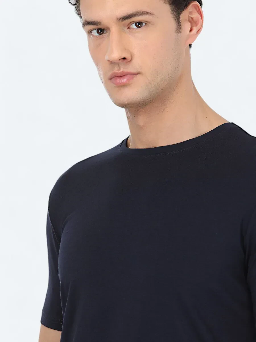 Lacivert Bisiklet Yaka Pamuk Karışımlı T-Shirt - 3