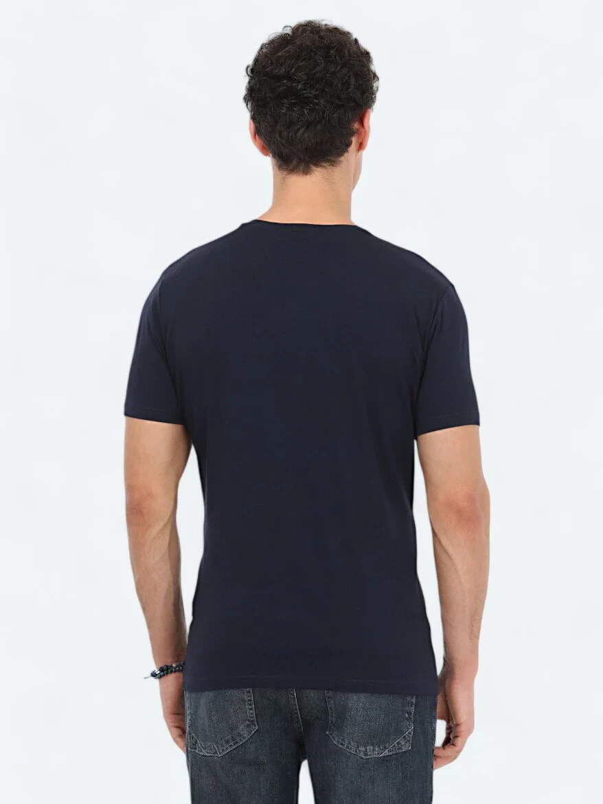 Lacivert Bisiklet Yaka Pamuk Karışımlı T-Shirt 