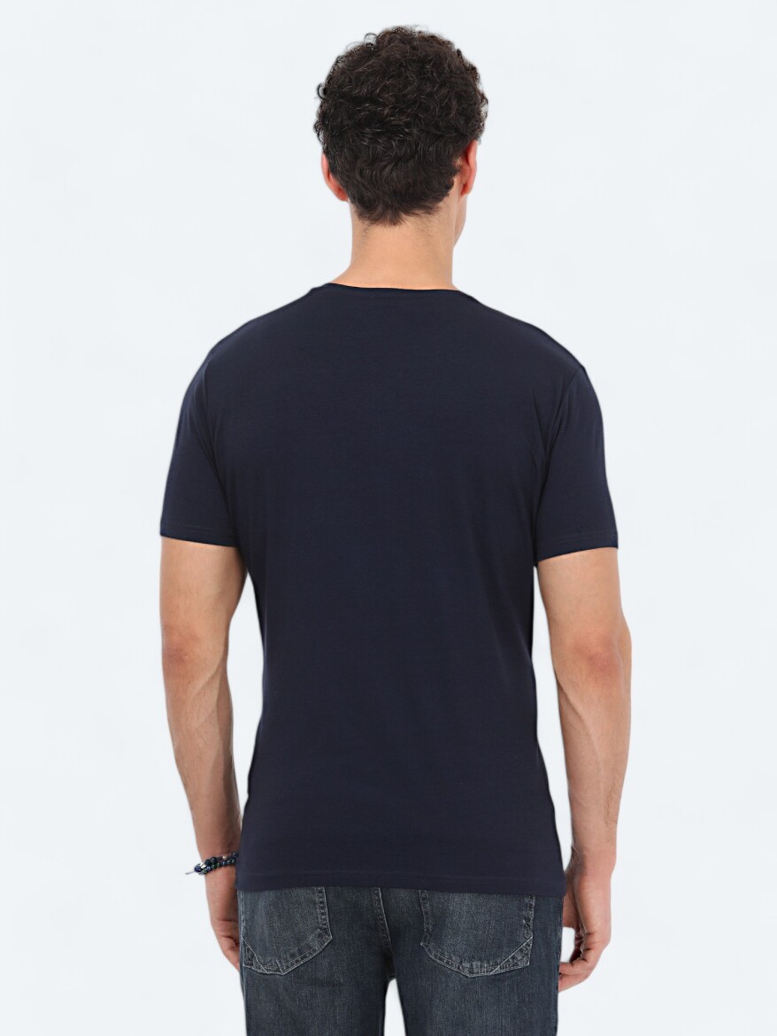 Lacivert Bisiklet Yaka Pamuk Karışımlı T-Shirt - 4