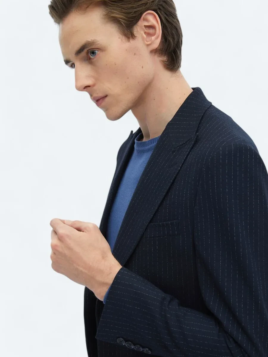 Lacivert Çizgili Comfort Fit Ceket - 4