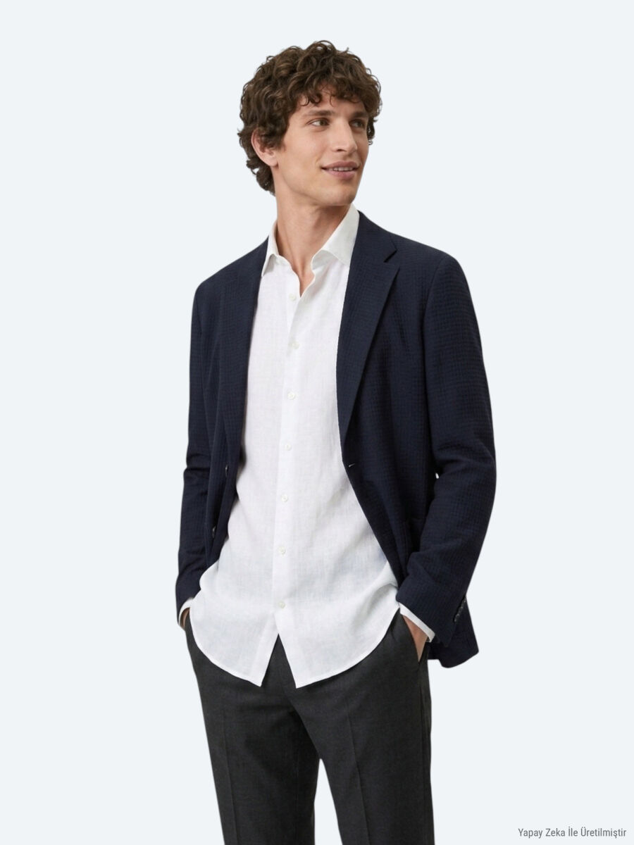 Lacivert Çizgili Comfort Fit Ceket - 6
