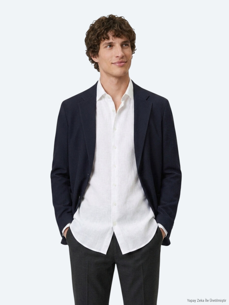 Lacivert Çizgili Comfort Fit Ceket - 7