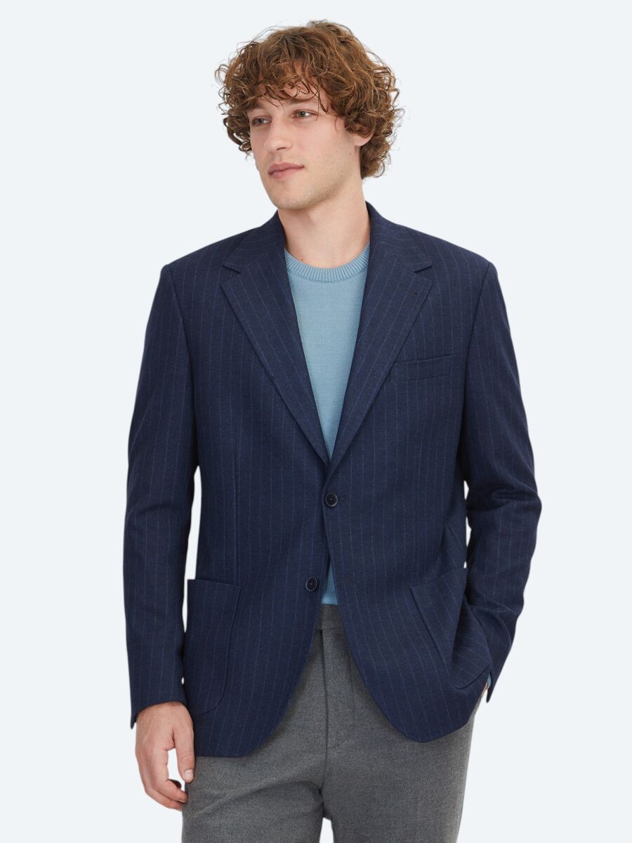 Lacivert Çizgili Comfort Fit Örme Ceket - 1