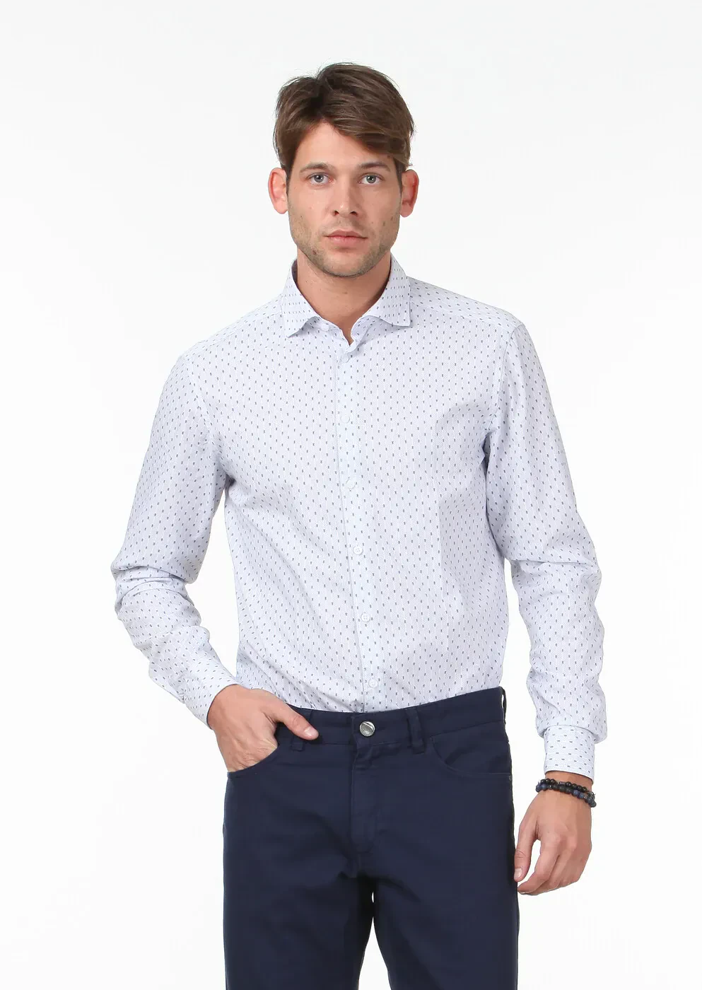 Lacivert Çizgili Dokuma Casual %100 Pamuk Gömlek - 1