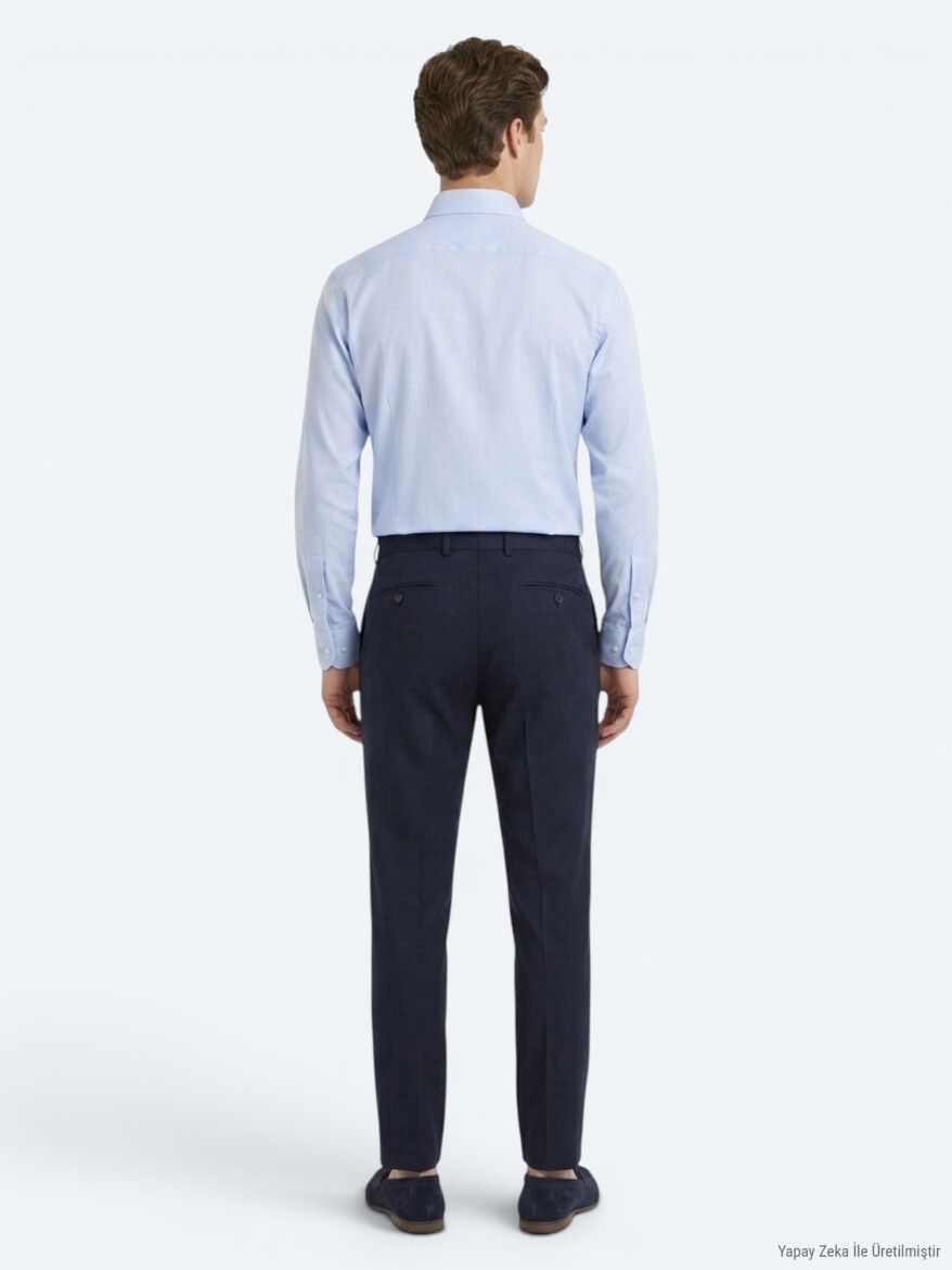 Lacivert Çizgili Dokuma Fitted Fit Klasik %100 Yün Pantolon - 4