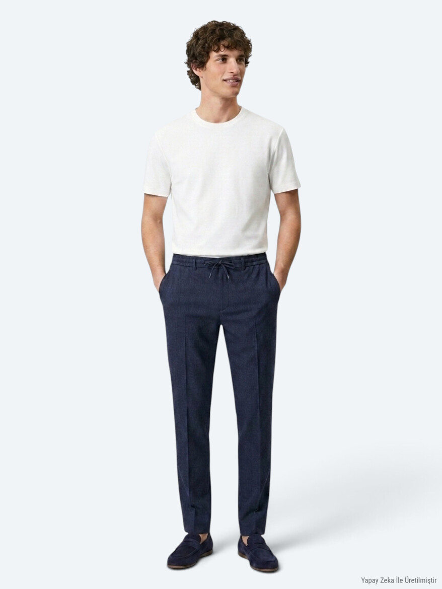 Lacivert Çizgili Dokuma Jogging Fit Casual Pantolon - 4