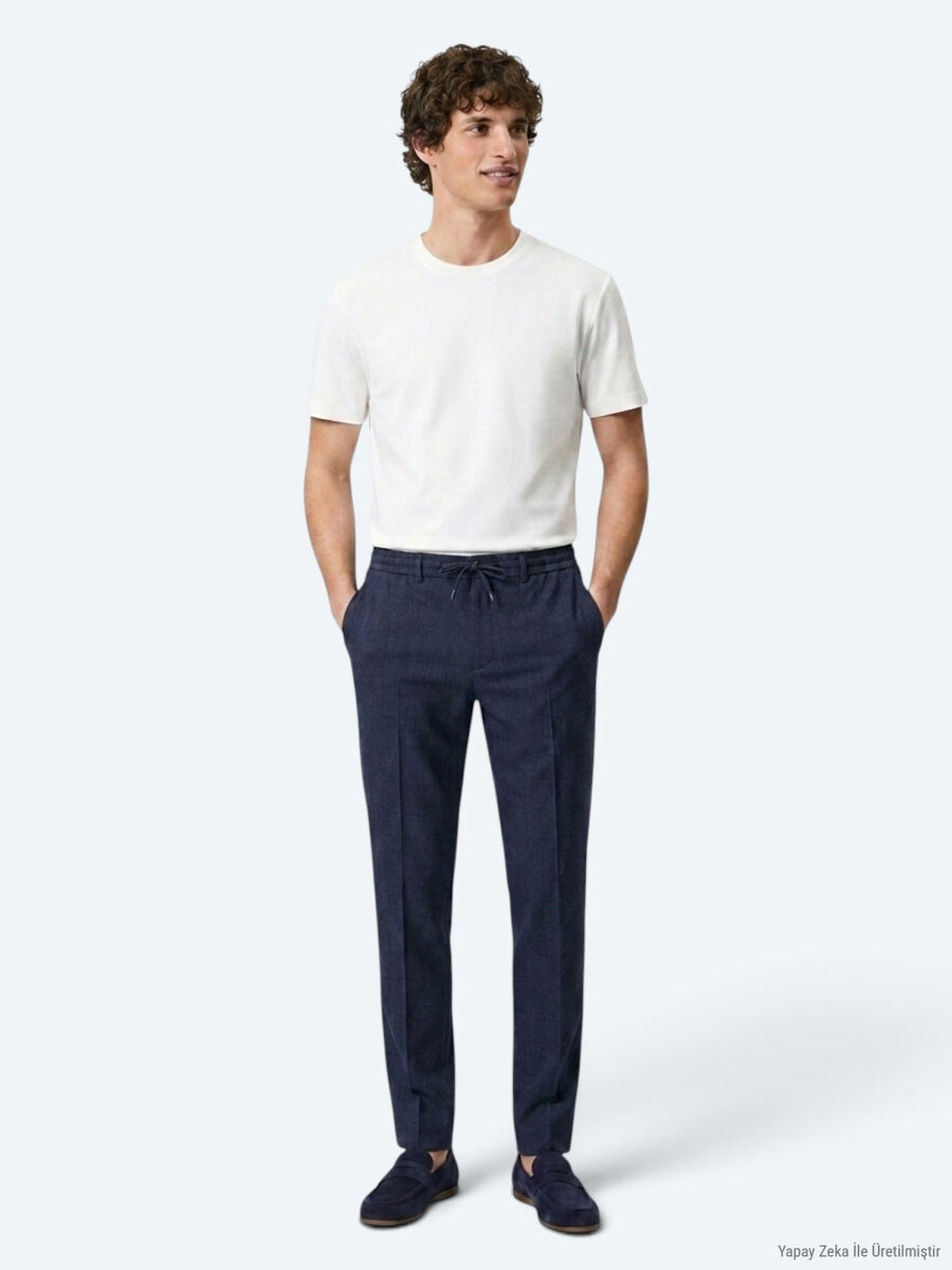 Lacivert Çizgili Dokuma Jogging Fit Casual Pantolon - 4