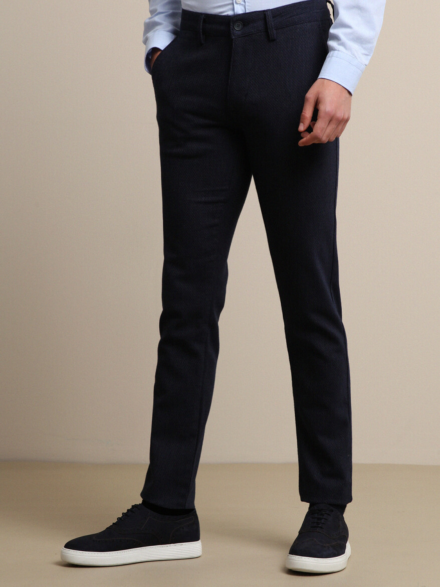 Lacivert Çizgili Dokuma Slim Fit Smart Casual Pamuk Karışımlı Pantolon - 3