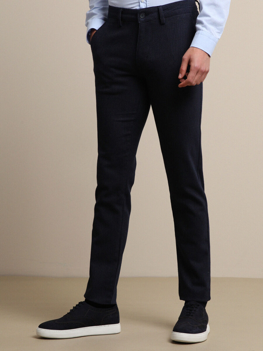 Lacivert Çizgili Dokuma Slim Fit Smart Casual Pamuk Karışımlı Pantolon - 3