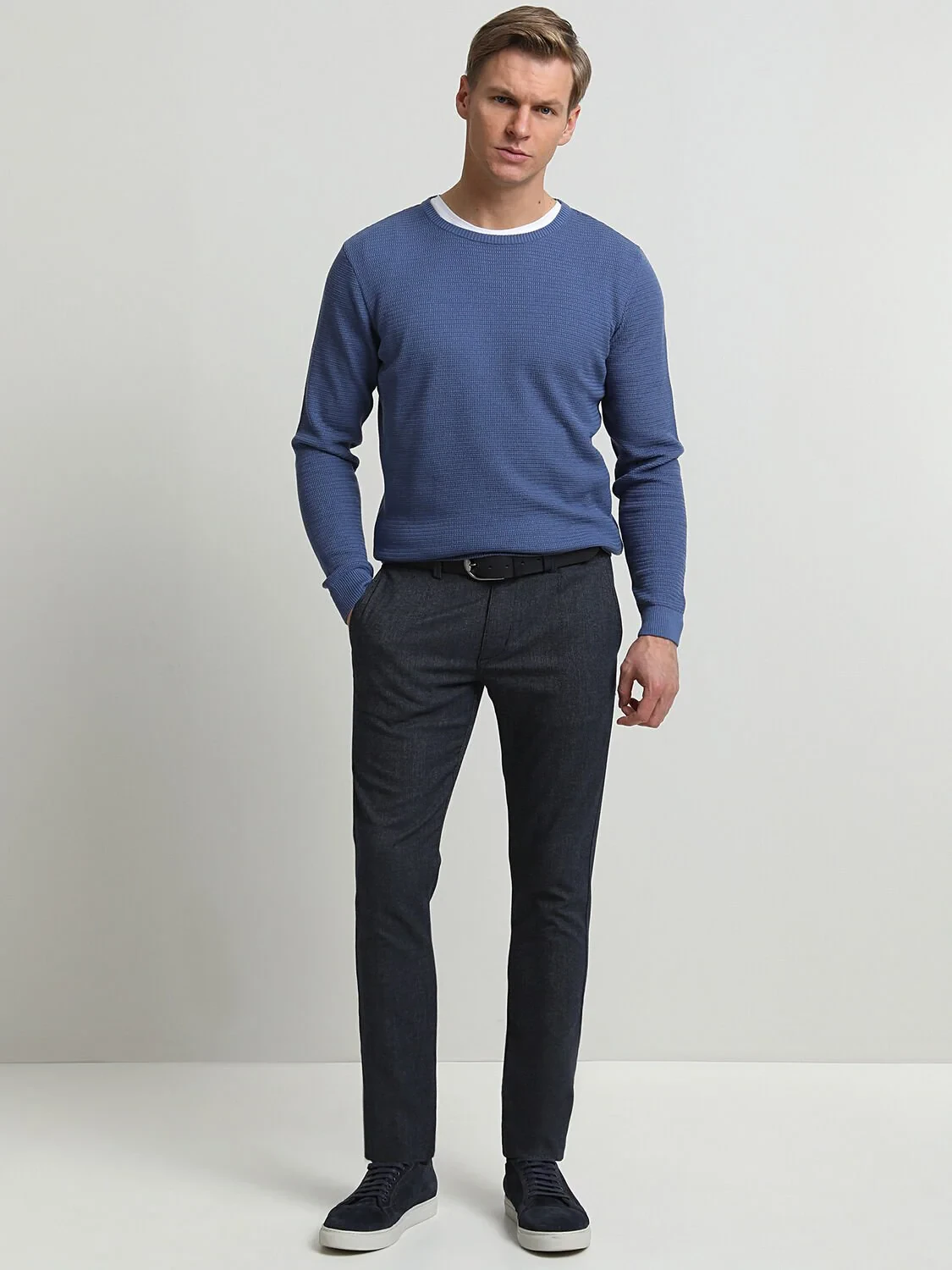 Lacivert Çizgili Dokuma Slim Fit Smart Casual Pantolon - 1