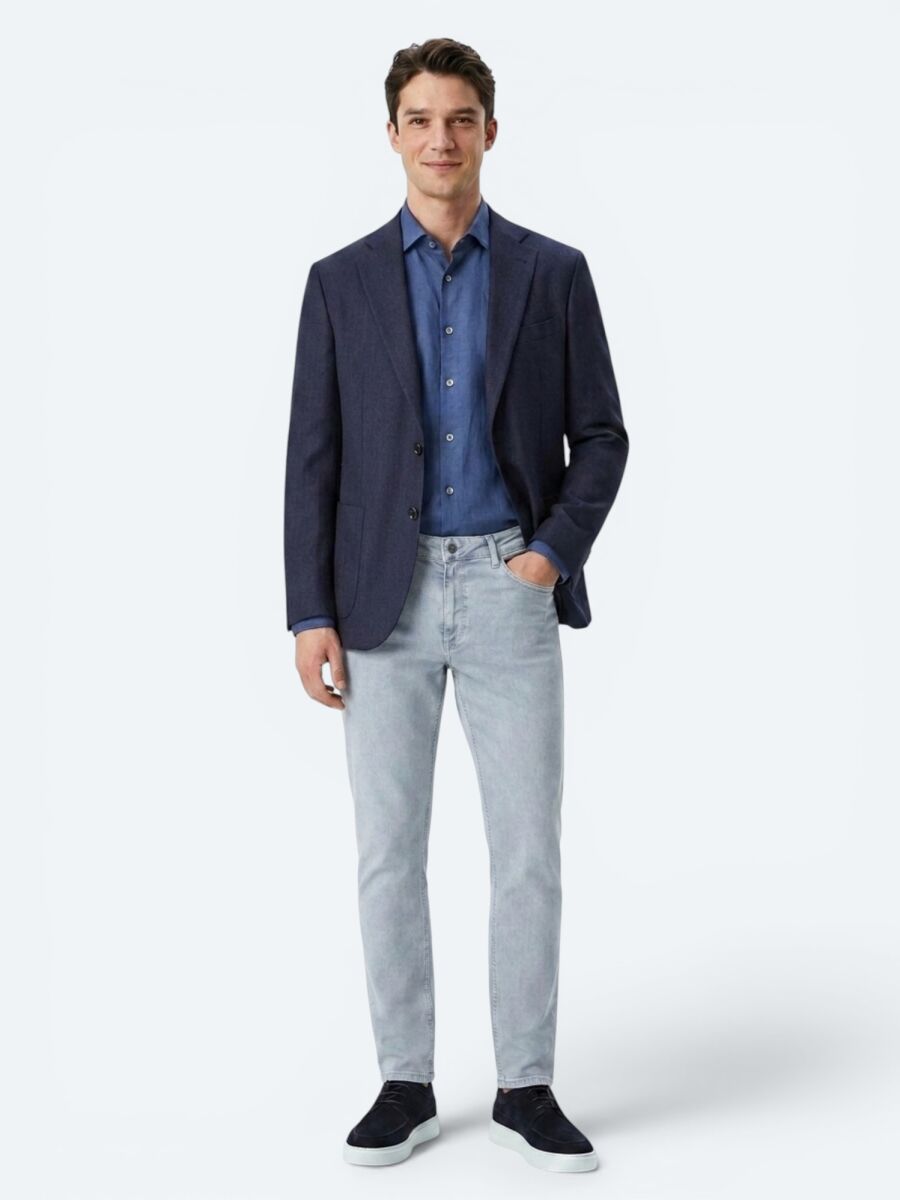 Lacivert Çizgili Modern Fit %100 Keten Ceket - 1
