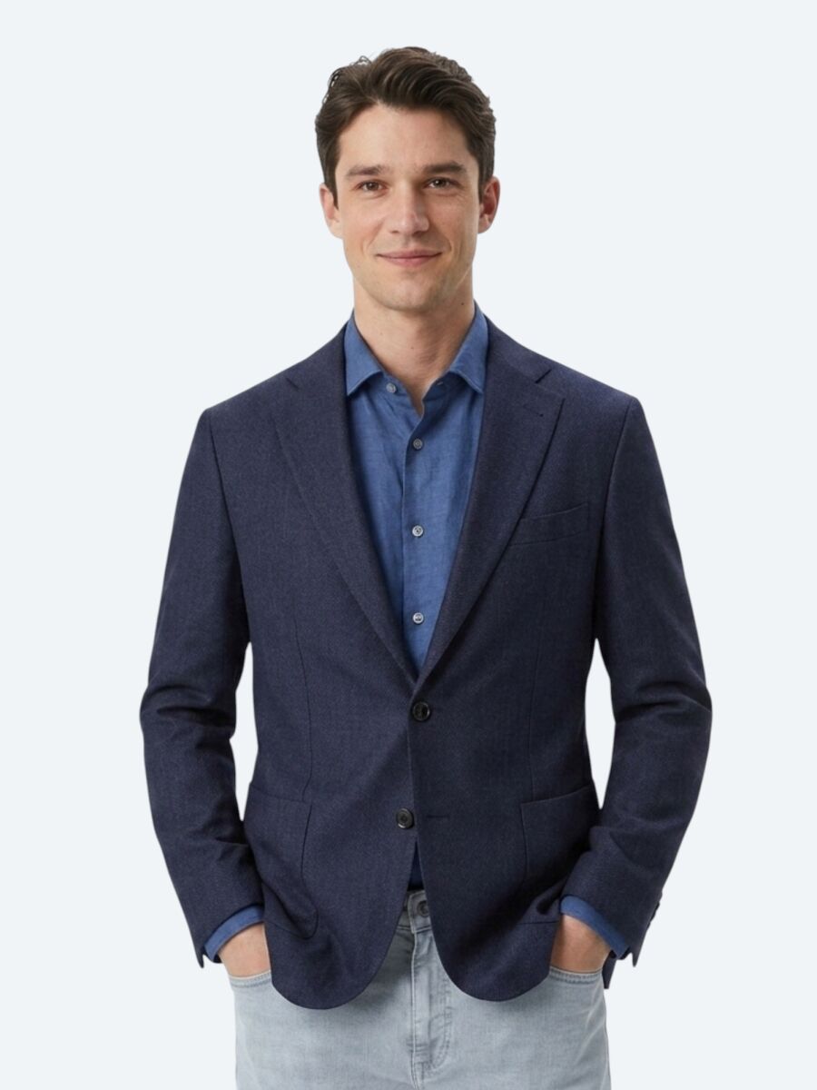 Lacivert Çizgili Modern Fit %100 Keten Ceket - 3