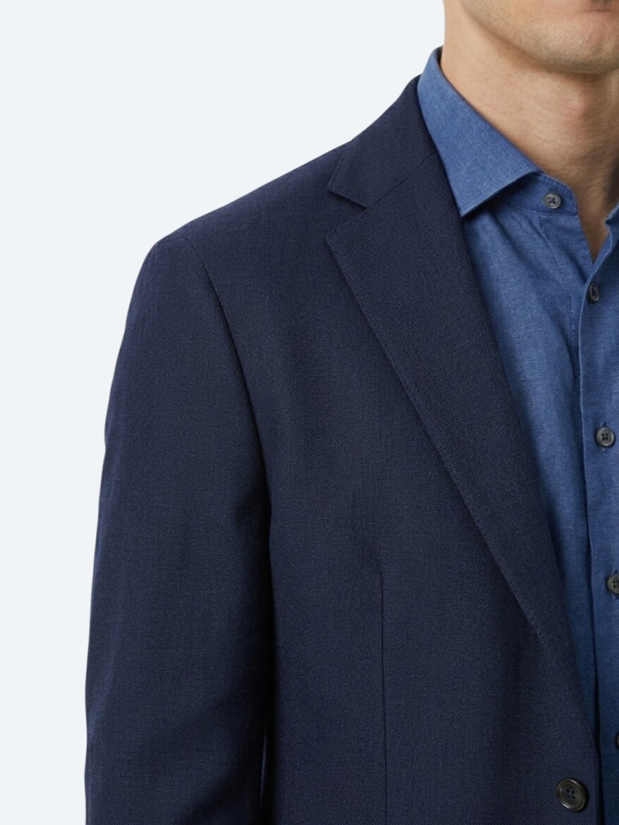 Lacivert Çizgili Modern Fit %100 Keten Ceket - 4