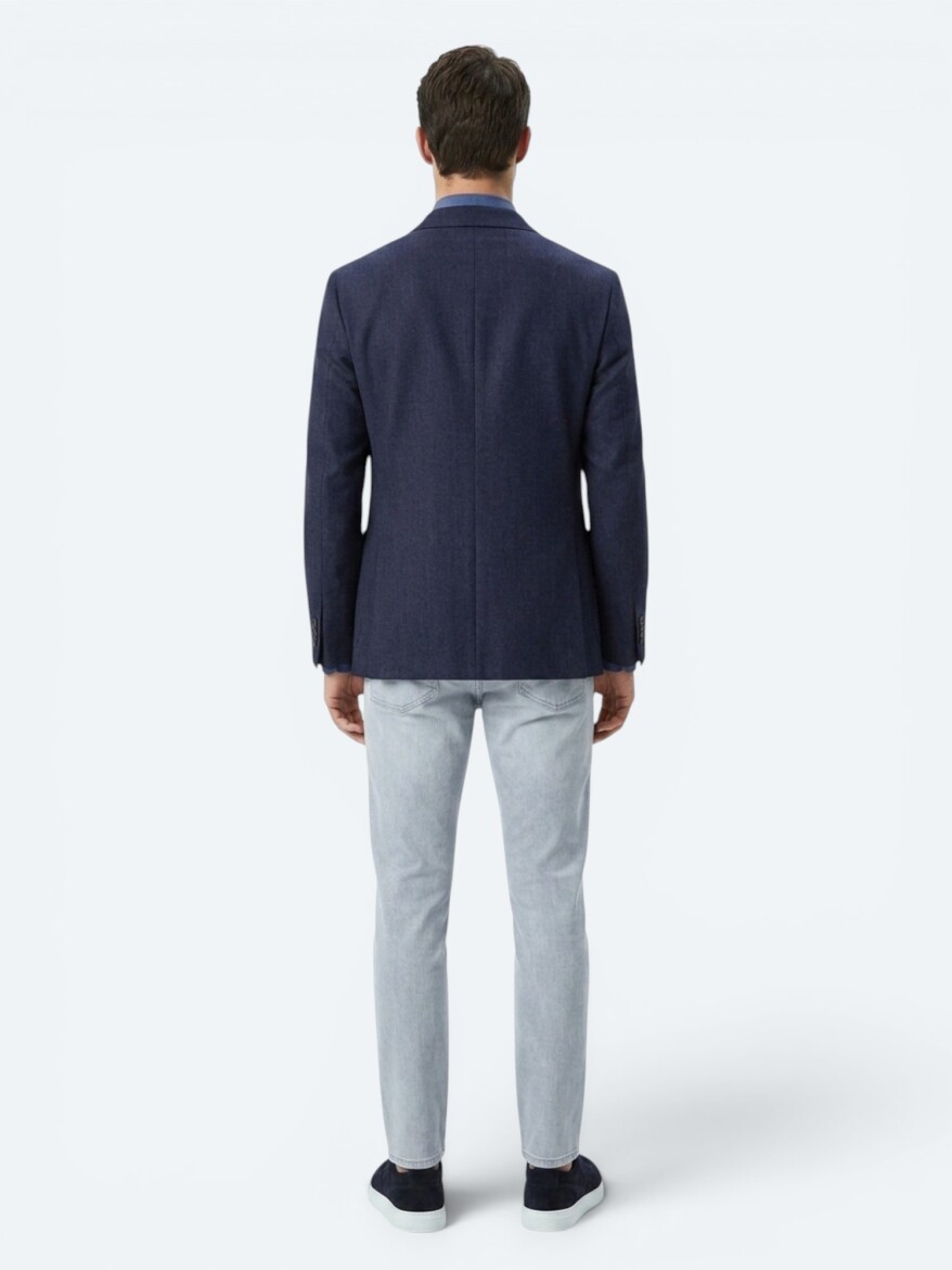 Lacivert Çizgili Modern Fit %100 Keten Ceket - 5