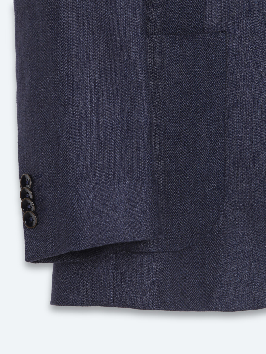 Lacivert Çizgili Modern Fit %100 Keten Ceket - 8