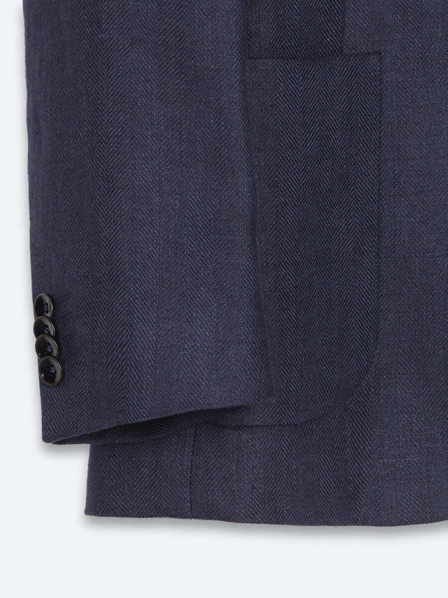 Lacivert Çizgili Modern Fit %100 Keten Ceket - 8
