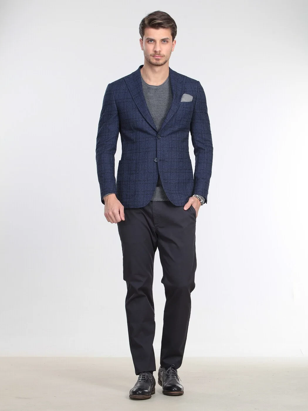 Lacivert Çizgili Modern Fit Ceket - 1