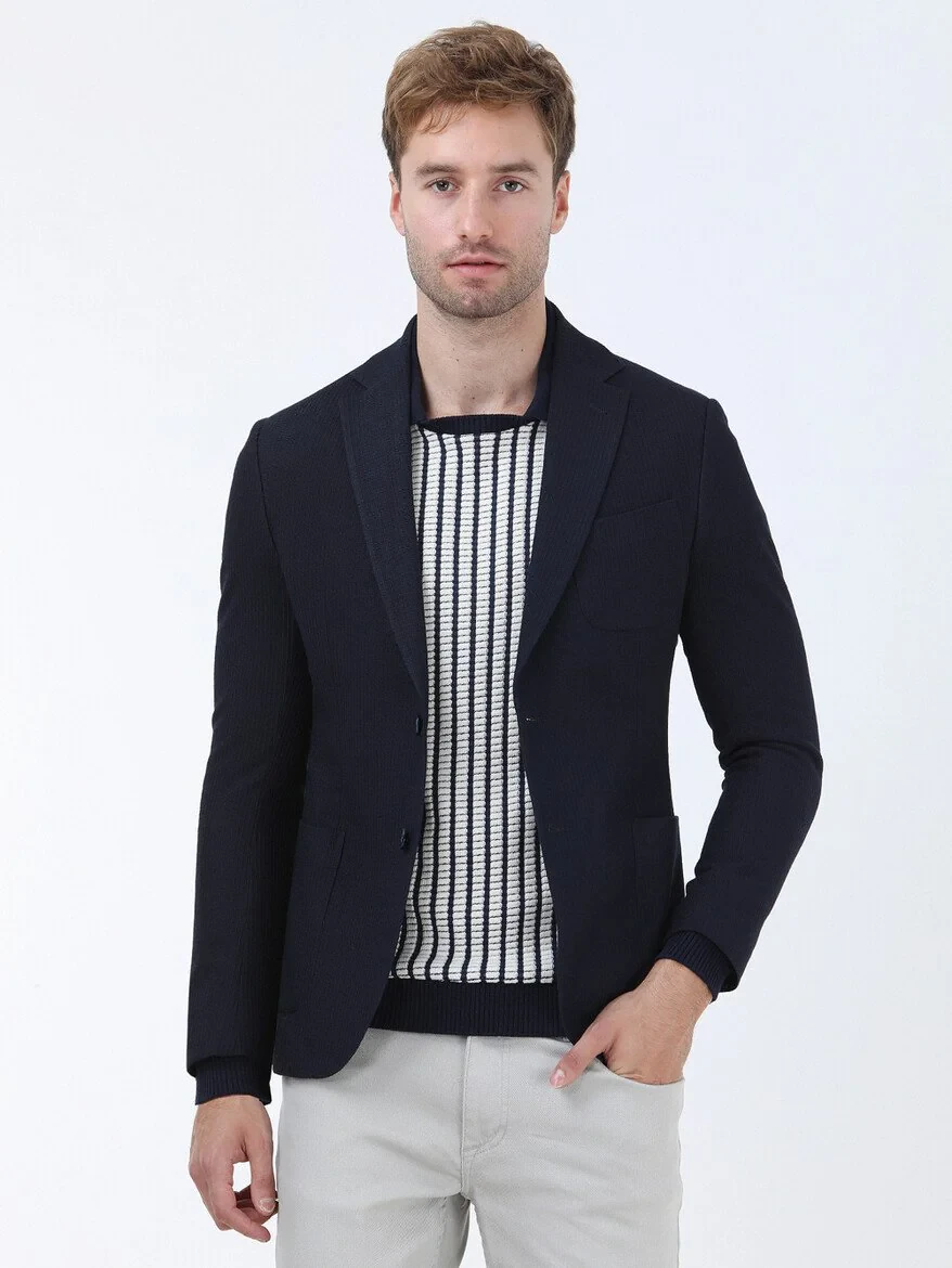 Lacivert Çizgili Modern Fit Ceket - 1