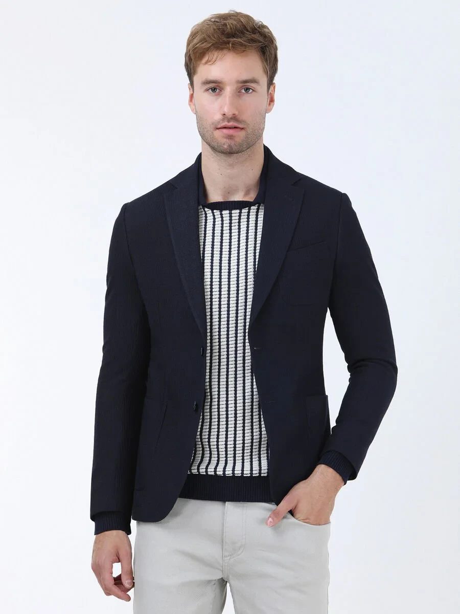 Lacivert Çizgili Modern Fit Ceket - 1