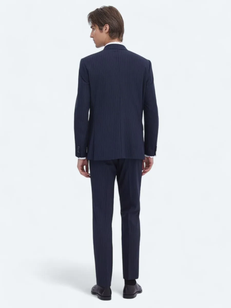 Lacivert Çizgili Modern Fit Çevre Dostu Takım Elbise - 6
