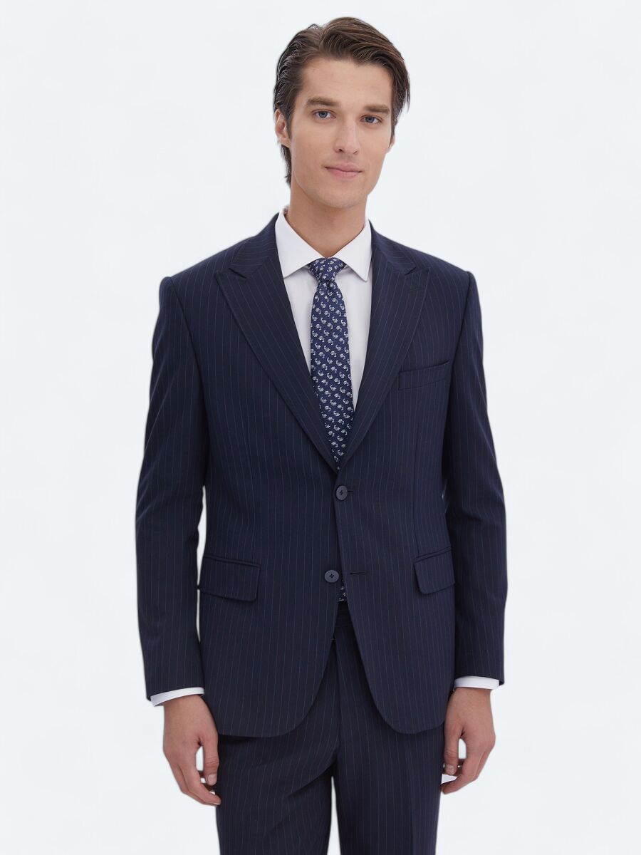 Lacivert Çizgili Modern Fit Çevre Dostu Takım Elbise - 1