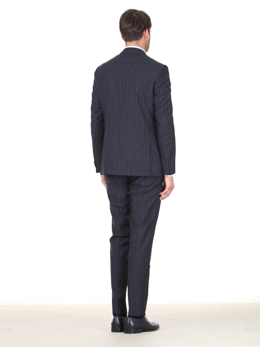 Lacivert Çizgili Modern Fit İpek Karışımlı Takım Elbise - 4