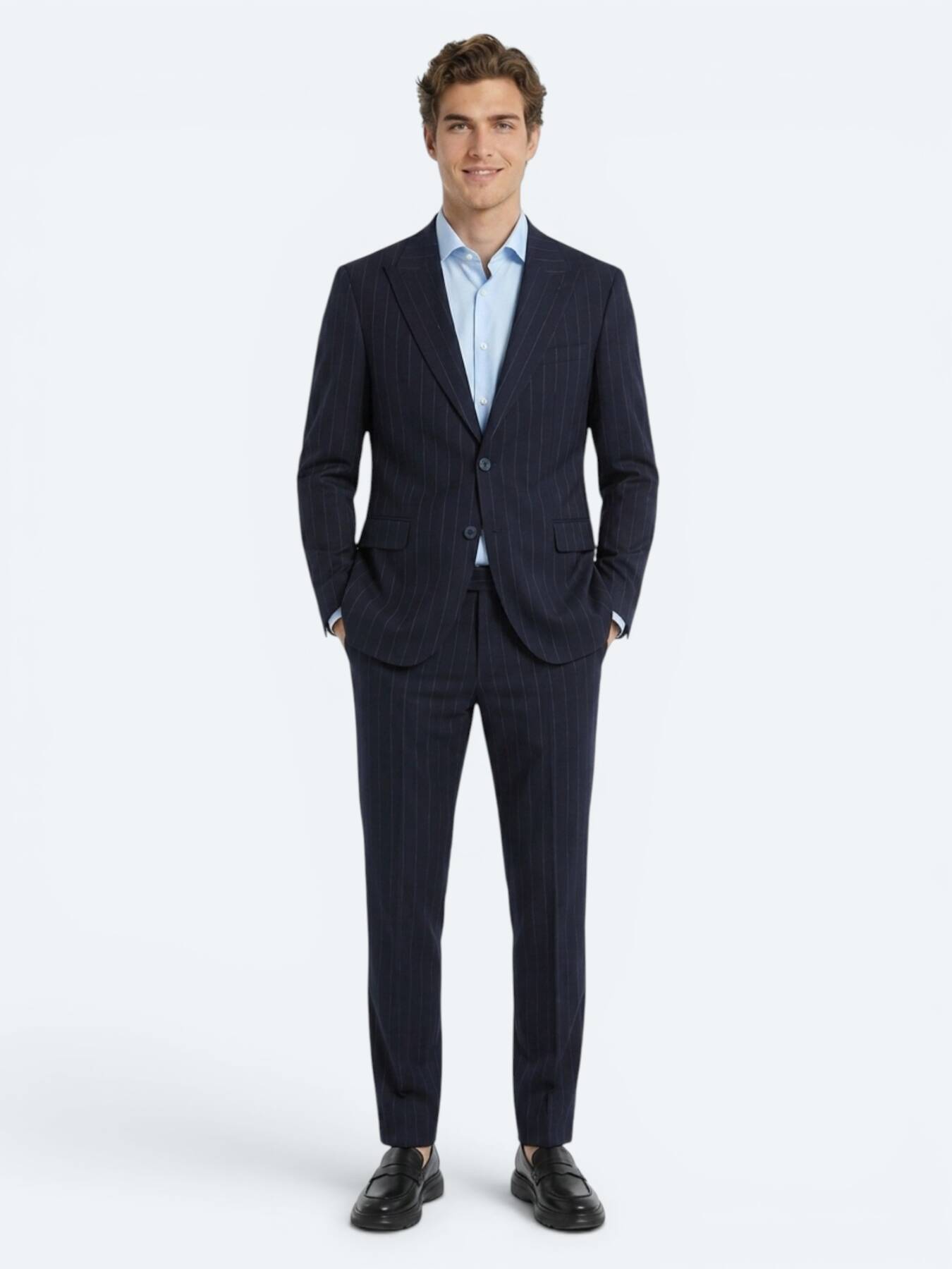 Lacivert Çizgili Modern Fit İpek Karışımlı Takım Elbise