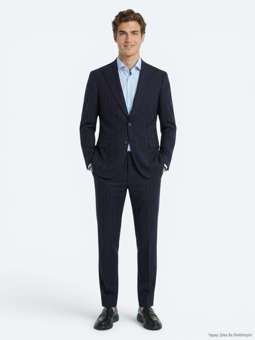 Lacivert Çizgili Modern Fit İpek Karışımlı Takım Elbise - KİP