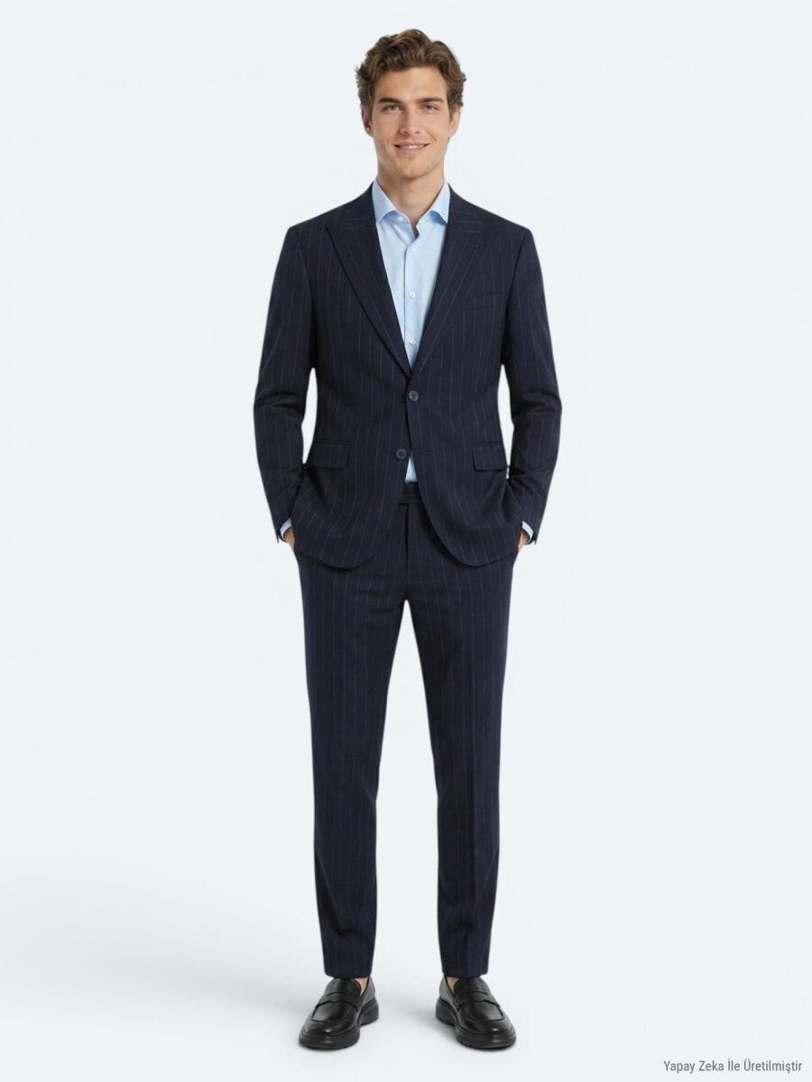 Lacivert Çizgili Modern Fit İpek Karışımlı Takım Elbise - 1