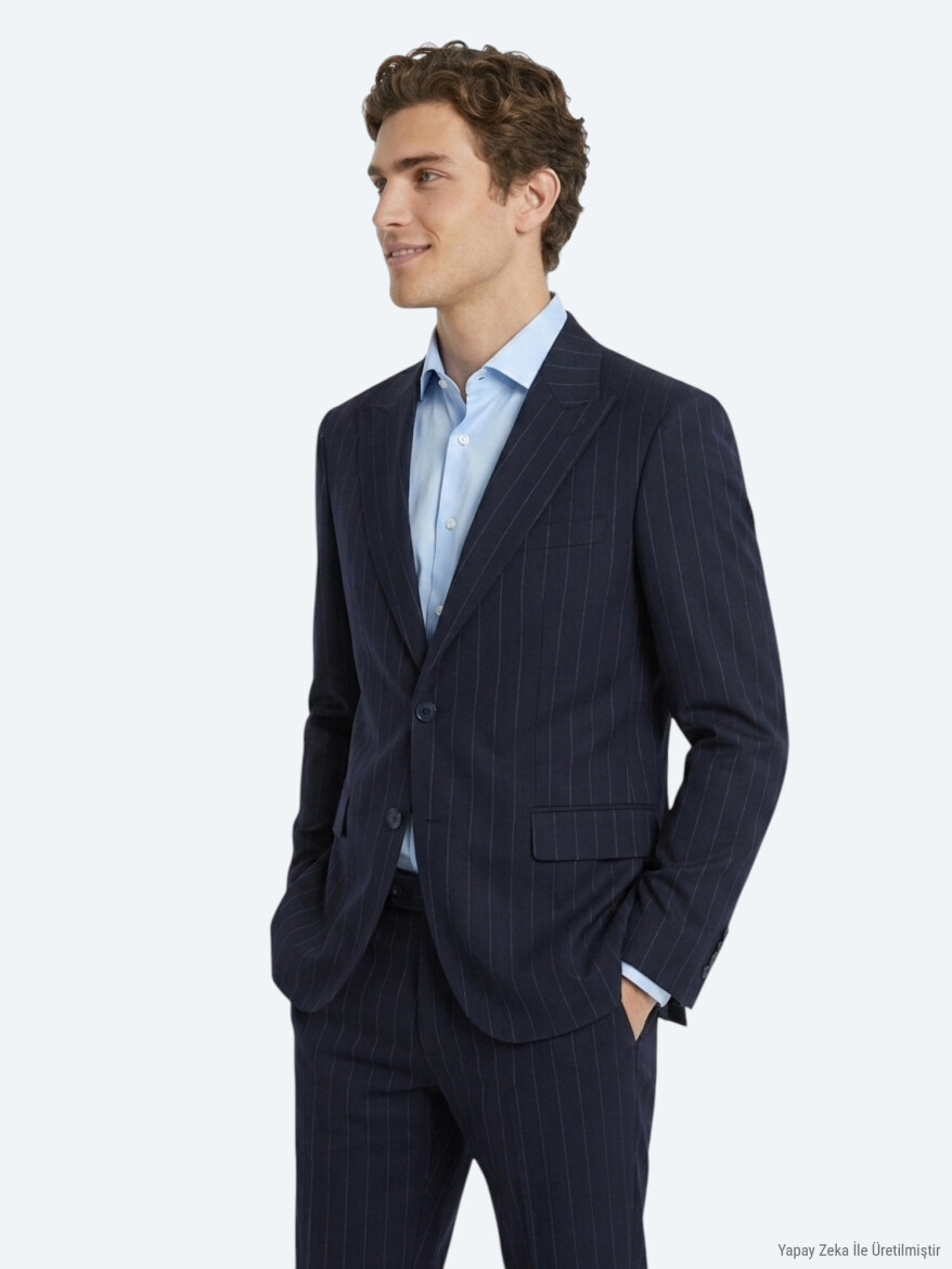 Lacivert Çizgili Modern Fit İpek Karışımlı Takım Elbise - 3