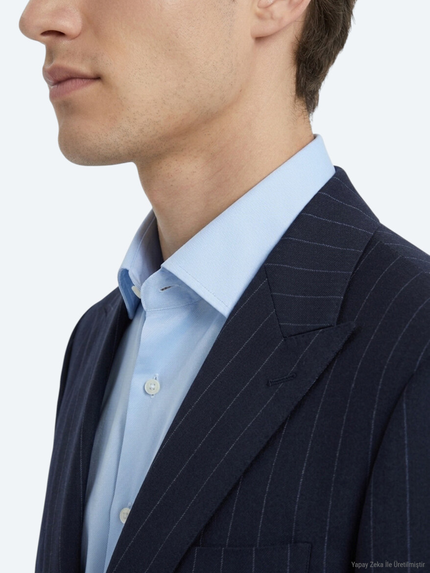 Lacivert Çizgili Modern Fit İpek Karışımlı Takım Elbise - 4